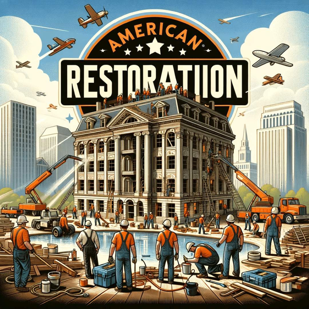 Workers meticulously restore a historic building amidst towering city skyscrapers and the buzz of cranes. Jets occasionally zoom past this emblem of heritage, where a prominent sign proudly declares "American Restoration.