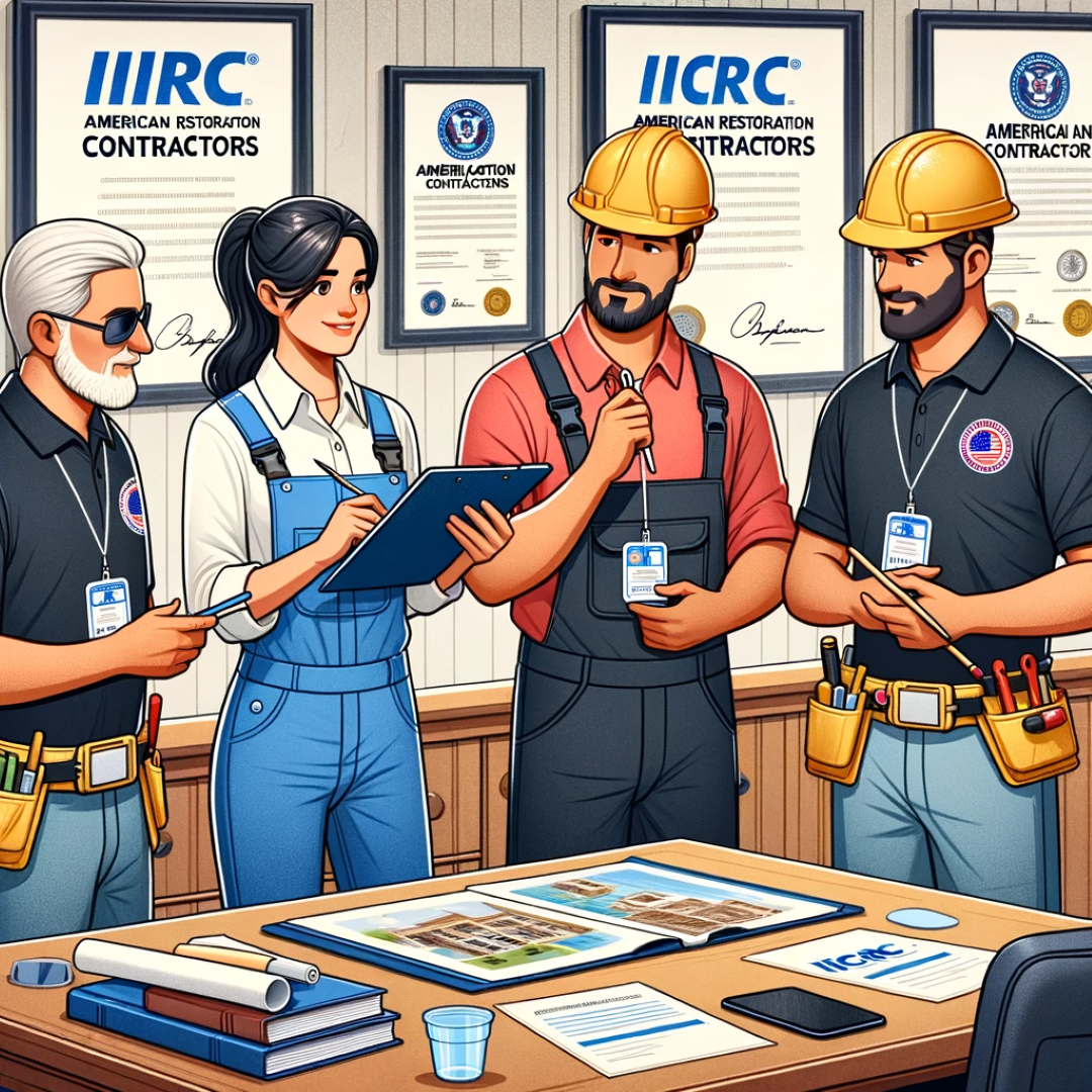 A team of four IICRC-certified restoration contractors, dressed in work attire, is engaged in a project discussion. The conference room walls display their certificates, underscoring their expertise and commitment to quality service.