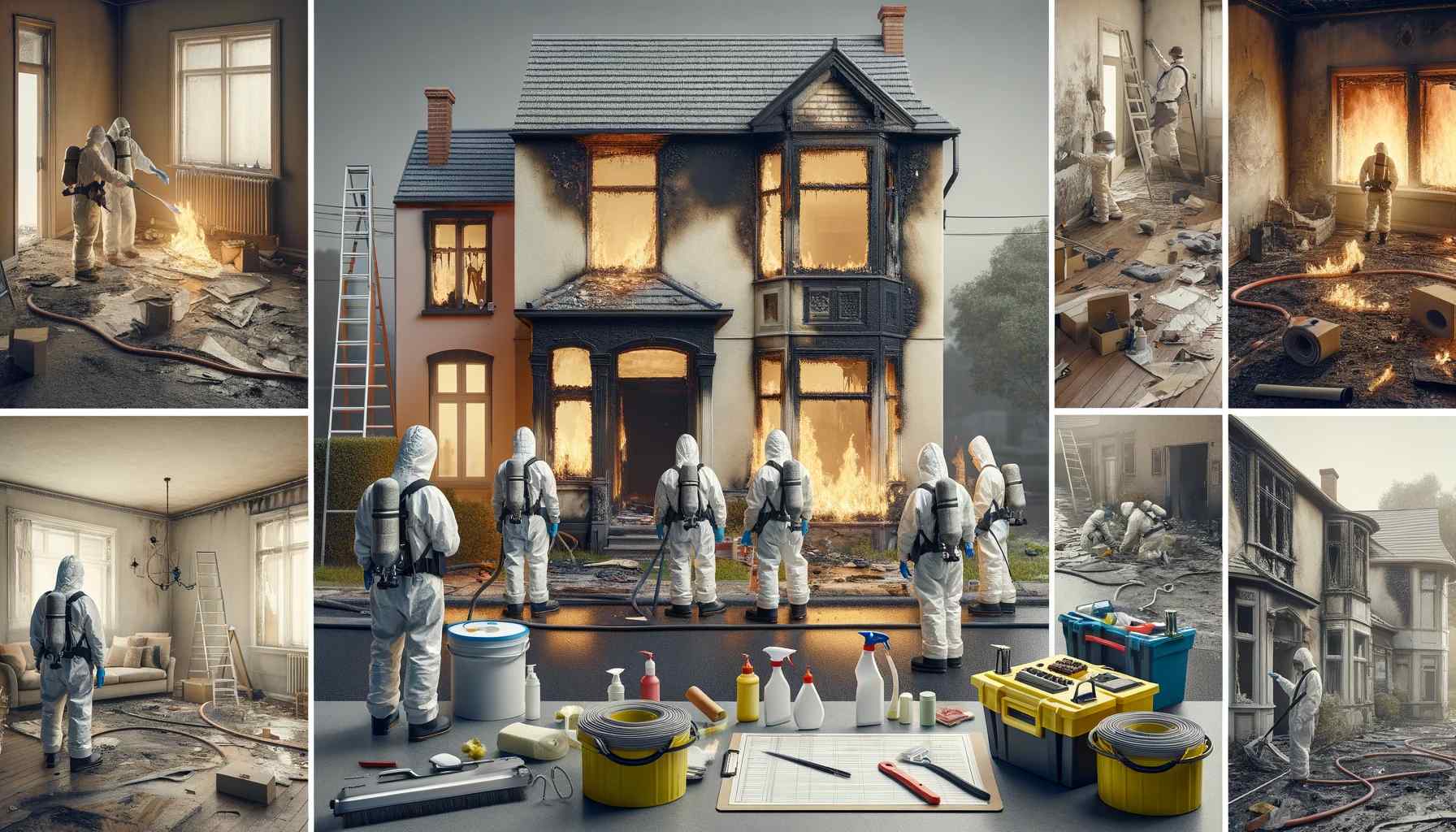 Collage of hazmat-suited workers engaged in property restoration of a fire-damaged house, with cleaning supplies and equipment in view.