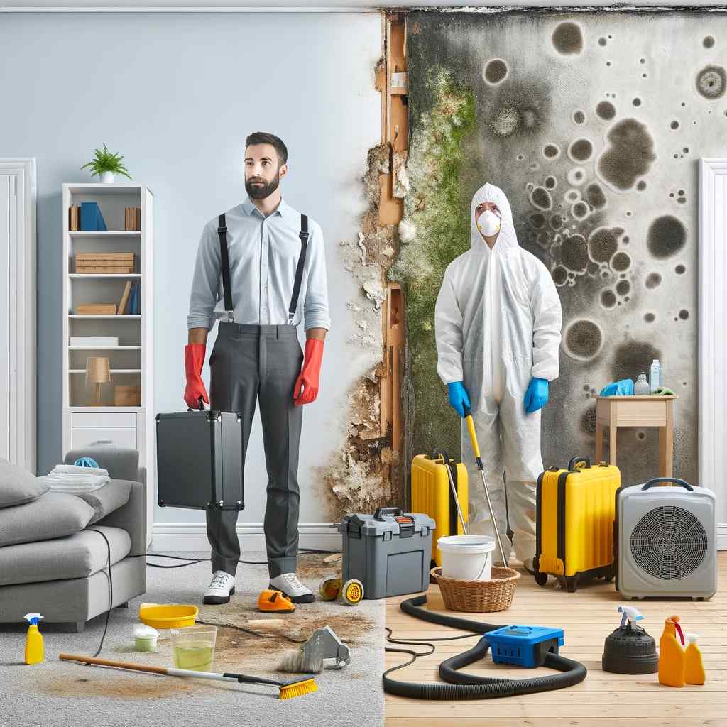 A man in casual attire stands in a clean room, while a person in protective gear carefully navigates the moldy, damaged space. Cleaning supplies and equipment are scattered around.