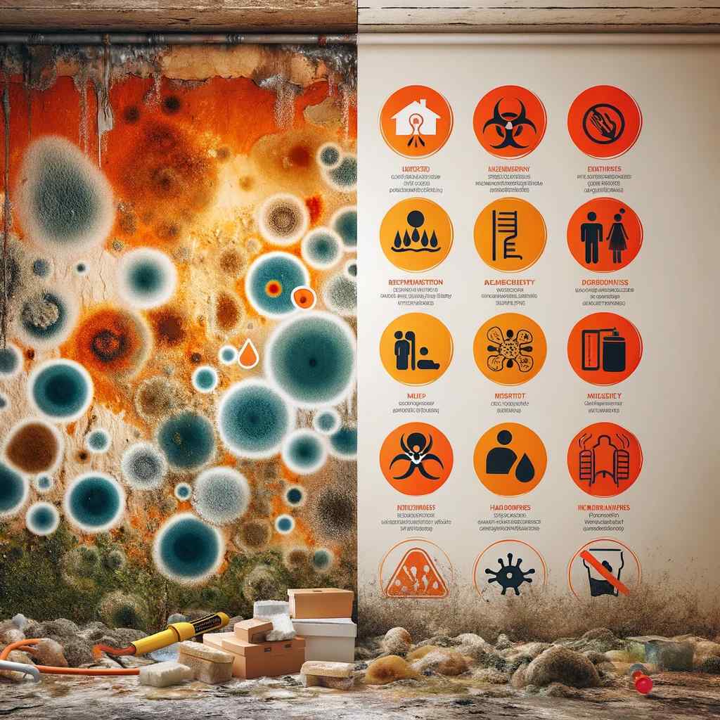A stark wall comparison features mold and fungi on the left, while safety icons adorn the right. Debris and tools are scattered on the floor, emphasizing the divide between neglect and precaution.