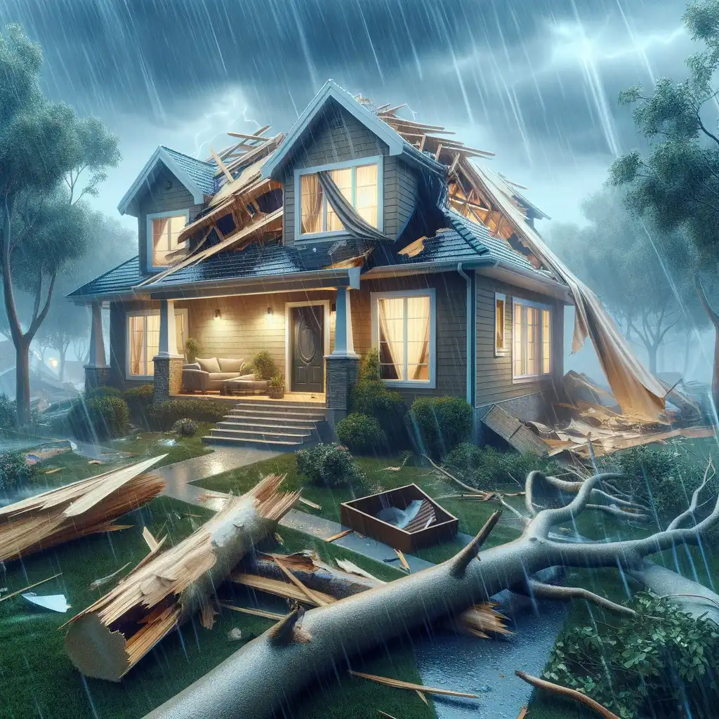 During the relentless storm, a house with extensive roof damage stands amidst debris and fallen trees, battered by heavy rain and strong winds.