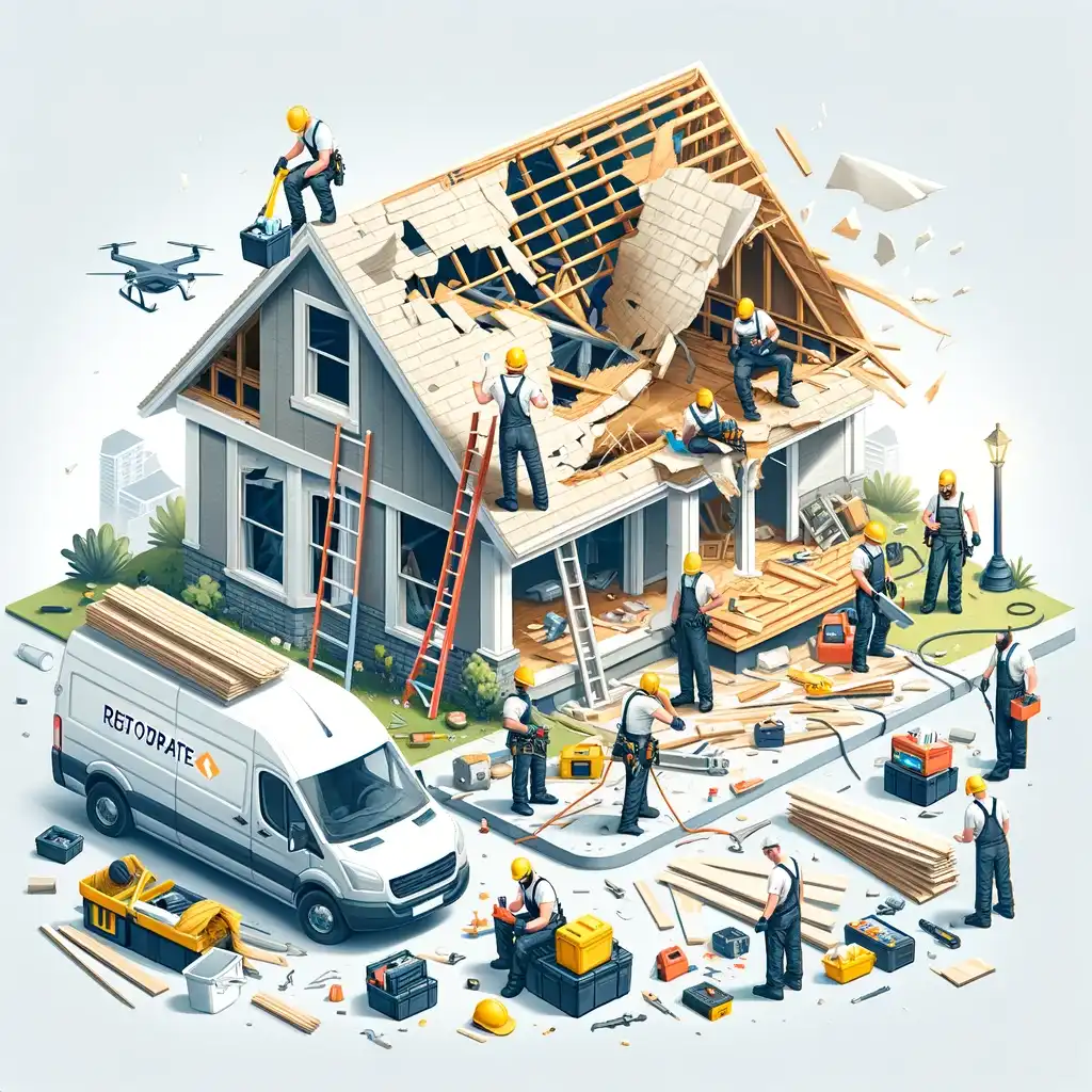 Workers in helmets repair a house roof with ladders and tools, addressing storm damage. A van labeled "Renovate" is parked nearby as a drone hovers above, surveying the scene. Various construction materials are scattered around, ready to restore the home's integrity.