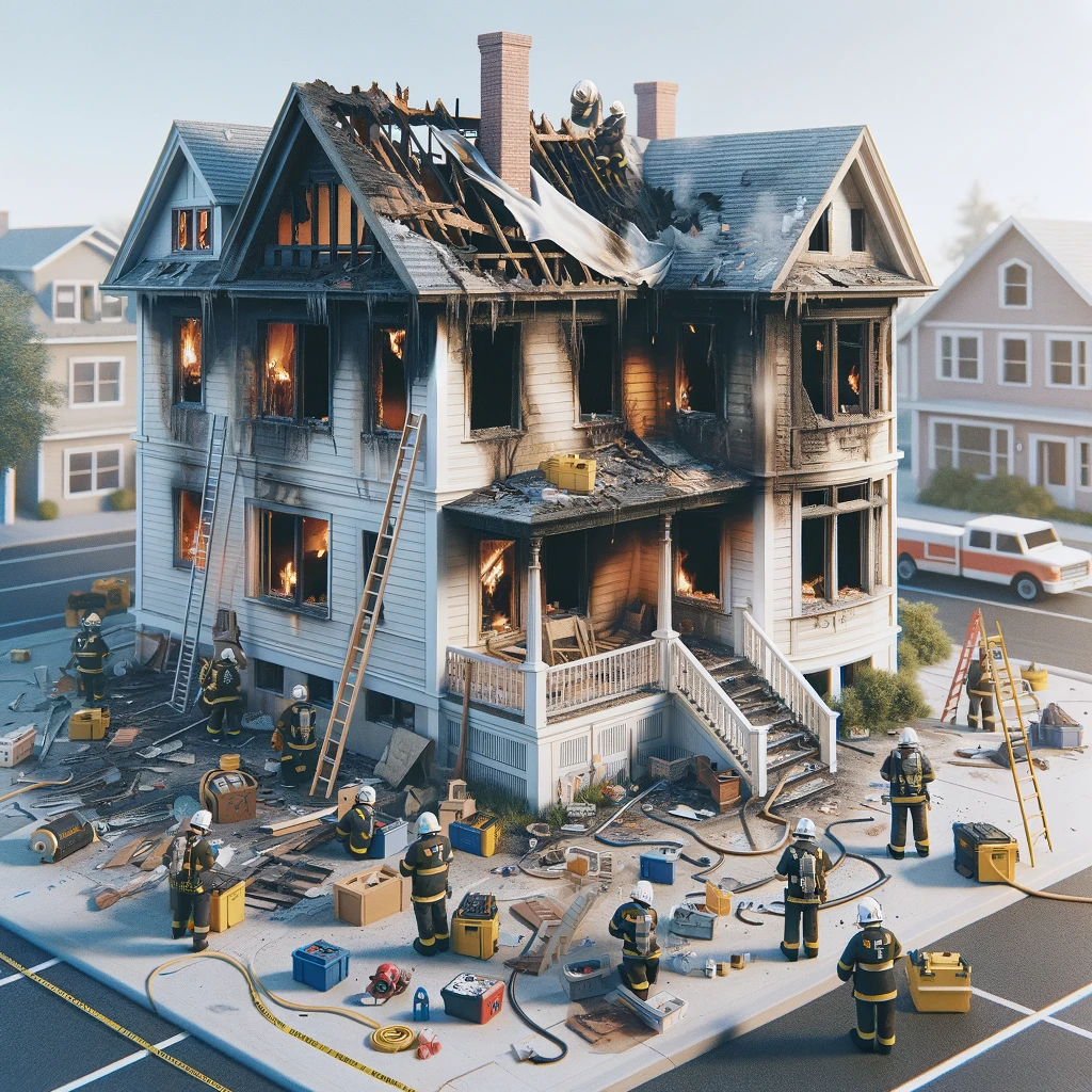Firefighters are diligently working to extinguish a house fire, which has left the building heavily damaged with visible flames and smoke. Surrounded by equipment and emergency personnel, the scene anticipates swift action for fire damage restoration once the blaze is under control.