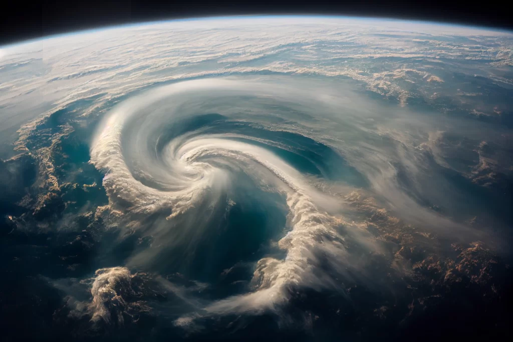 A large, swirling cyclone forms over the Earth's surface, with dense, spiraling cloud formations visible against a backdrop of blue ocean—reminding all to prepare your Florida home for hurricane season.