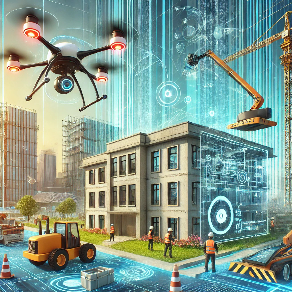 In a futuristic construction scene, property restoration is seamlessly integrated with high-tech drones and digital schematics. Builders and robots collaborate using cutting-edge technology, reshaping structures with precision and efficiency.