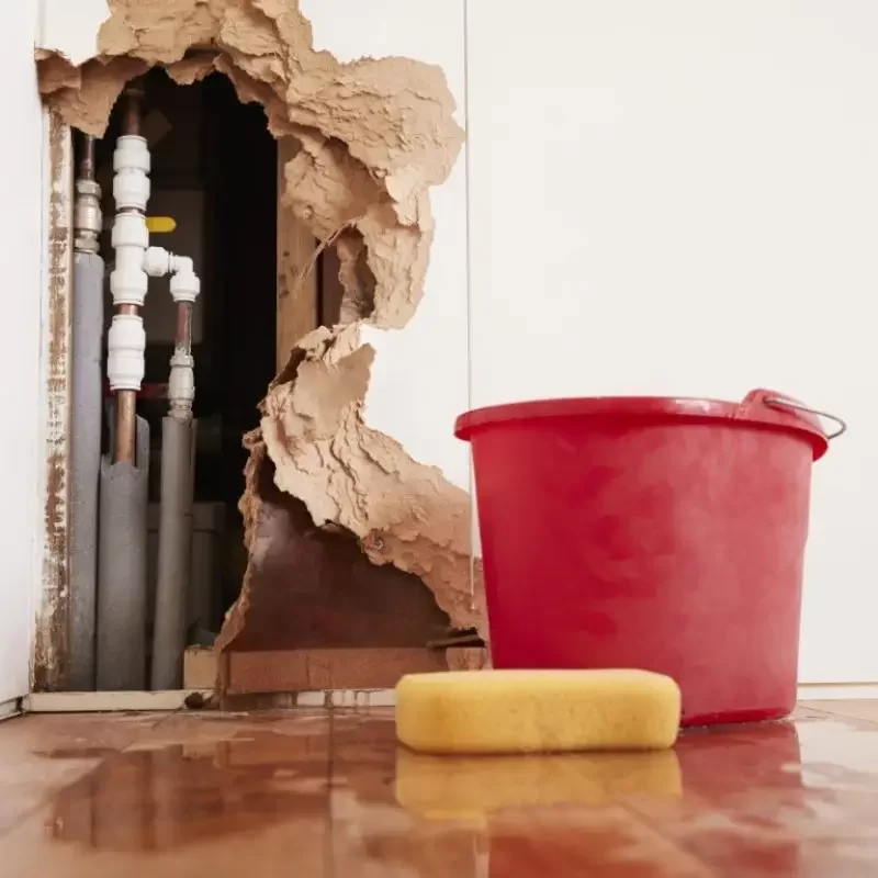 A large hole from storm damage reveals exposed pipes in a wall. A red bucket sits on the wooden floor, with water and a yellow sponge nearby, awaiting renovation services.